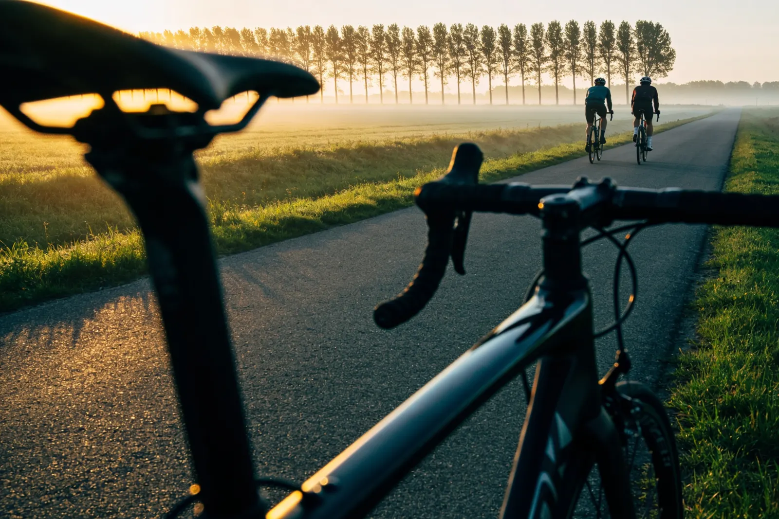 Wielrenners op een polderweg bij zonsopgang